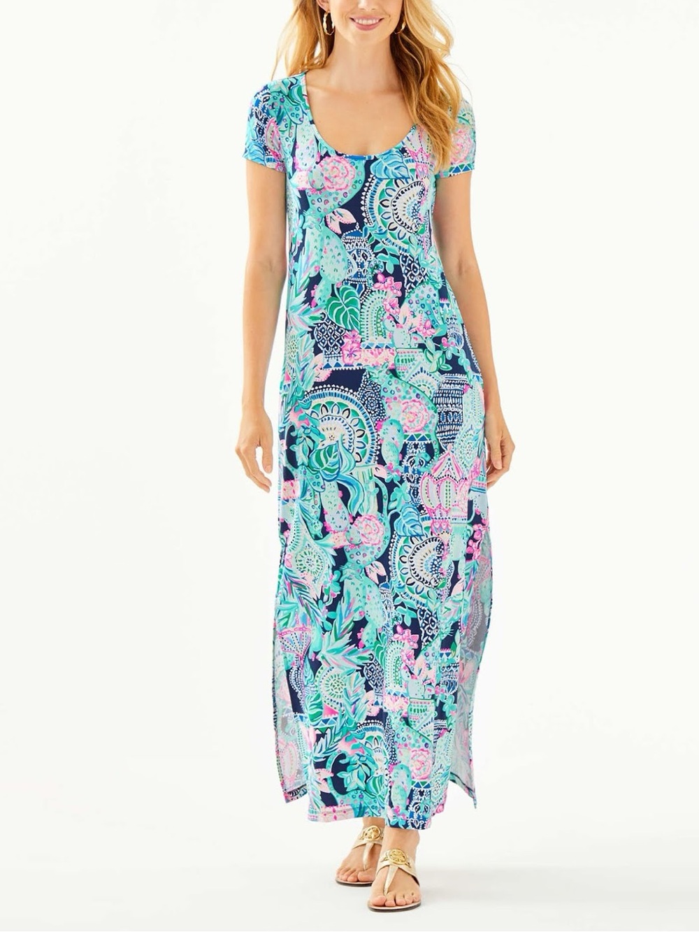 Lilly Pulitzer Wynne Maxi Dress Large Lookin Sharp Print Blue Pink Casual Beach